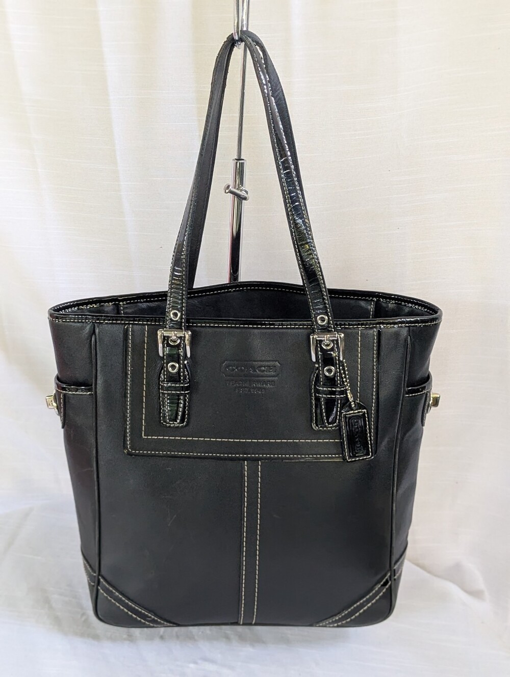 Coach Vintage Black Leather Tote with White Contrast Stitching